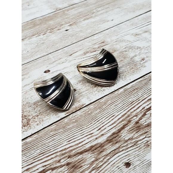 Vintage Clip On Earrings - Silver Tone & Black Retro - Picture 8 of 9